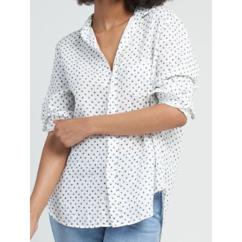 Frank & Eileen Womens Navy Star Chic Feminine Cotton Button Shirt Size Small